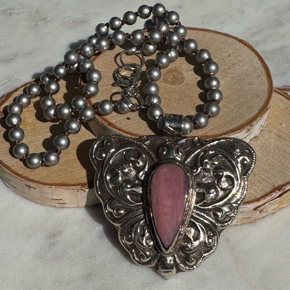 Silver and Pink Opal Butterfly Pendant Necklace 20” chain